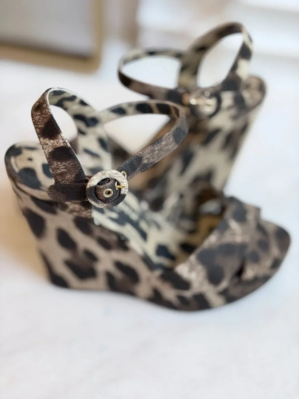 Dolce & Gabbana Leopard Print Canvas Leather Wedge Sandals